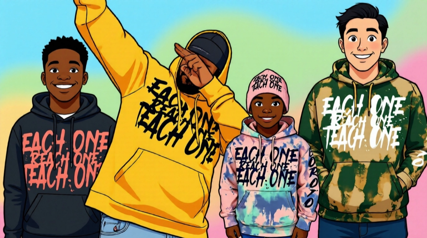 Four individuals wearing hoodies with 'Each One Teach One' text on a colorful background